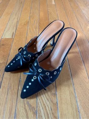 ATBELL Black Suede Heels Mules Pointed Toe Silver Studs Womens Sz 38